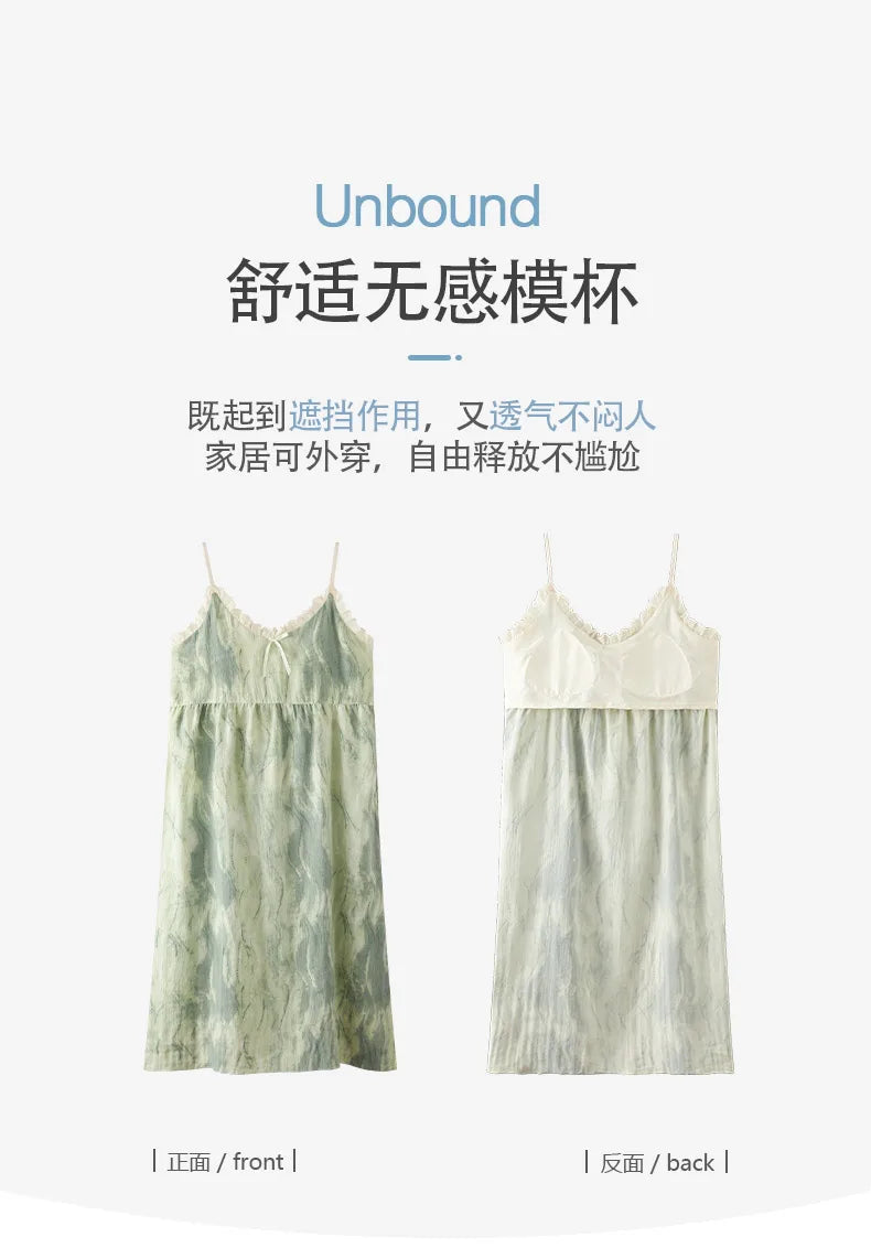 Summer Women Sleeveless Nightdress With Chest Pad Femme Knited Cotton Nightwear Floral Sling Sleepdress