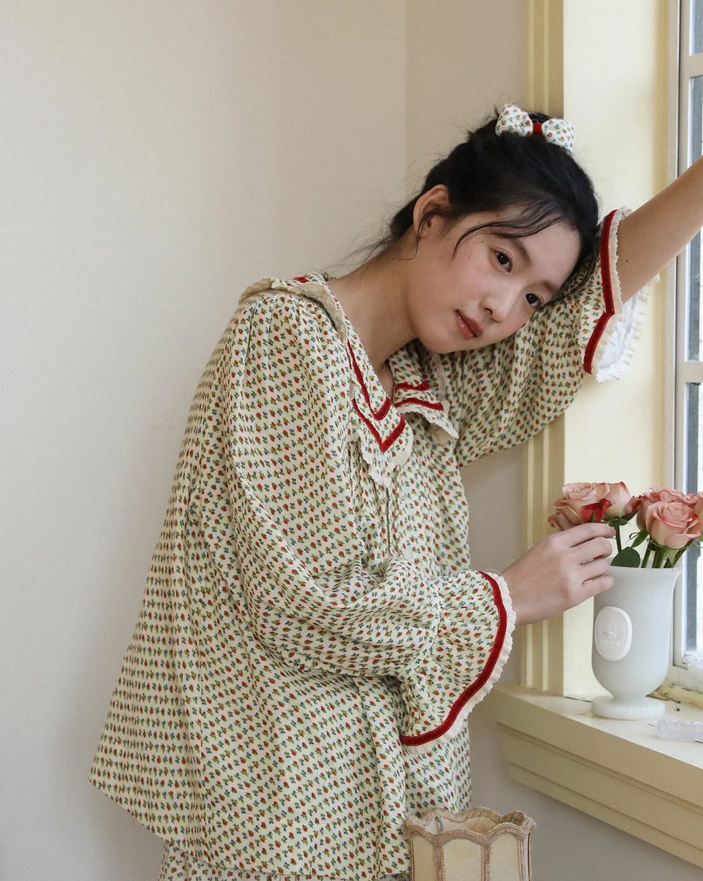 2026 new 100% cotton sweet rose floral printing home wear set princess women loose 2 pieces pajamas sets for spring summer