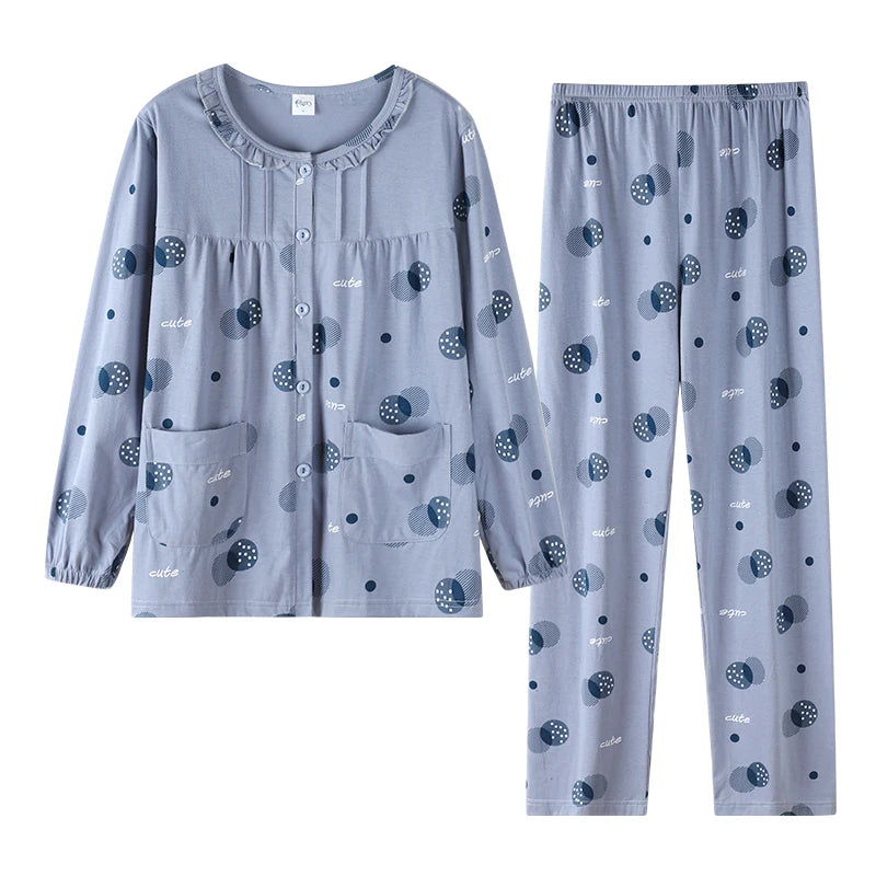 Women Small Flower Pajamas Set Big Yards Pijamas Mujer Autumn Sweet Cute Princess Long Sleeve Cardigan O-Neck Nightwear Homewear