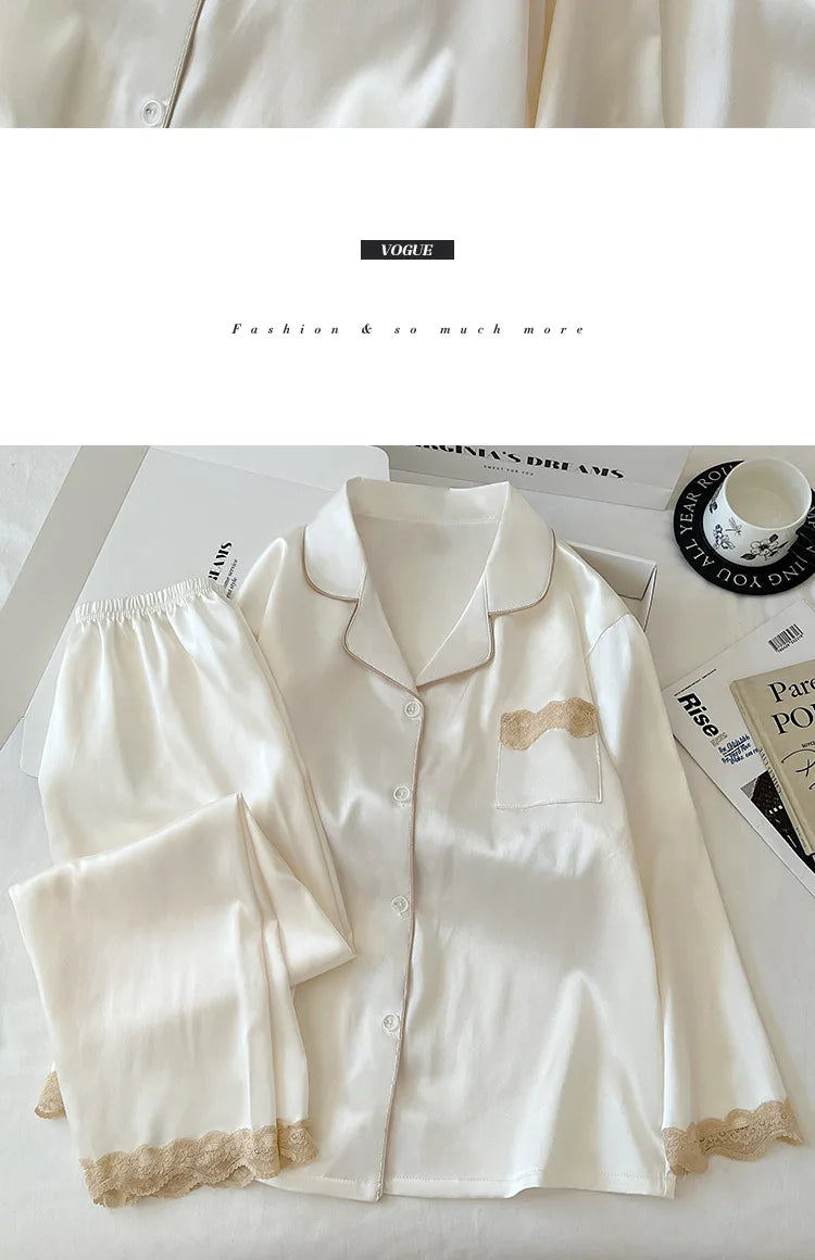 Women's Spring/Autumn Ice Silk Nightwear Set Luxurious Lace Trim Long-Sleeved Lightweight Homewear Actual Product Photography