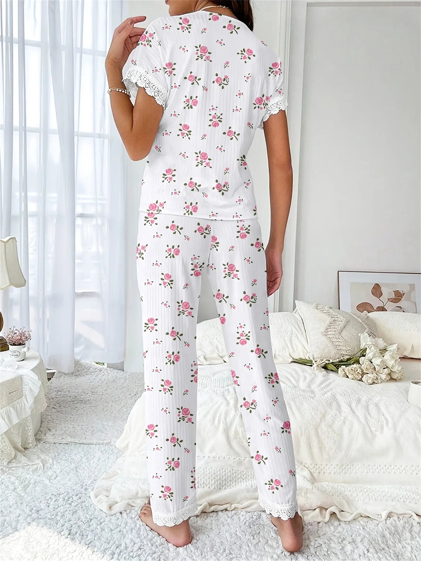 Early Spring Comfortable Pajamas Set with Floral Printed for Women Sleepwear Short Sleeve Top and Long Pants Homewear Loungewear