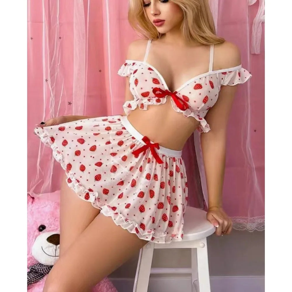 Short Skirt Set Casual and Comfortable Night Dress Women Hot-selling Strawberry Printing Splicing Lace Lace Cute Pajamas