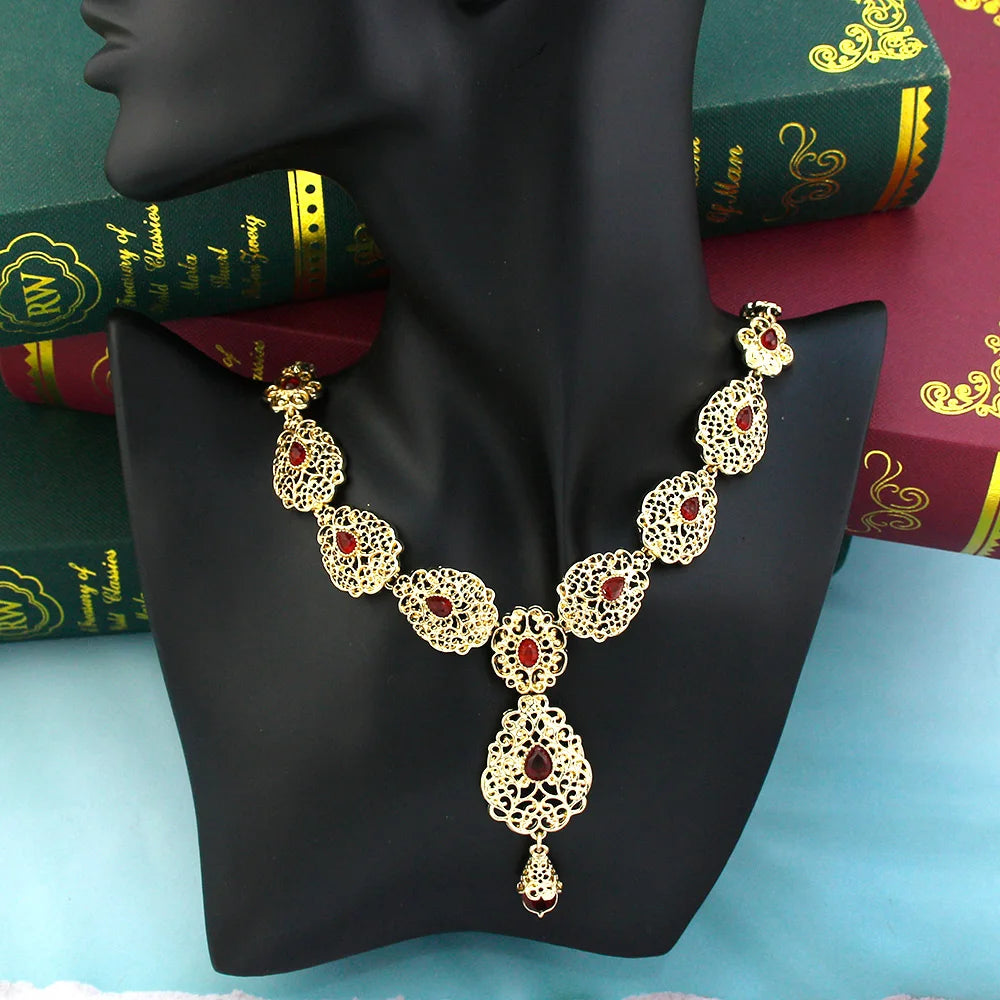 Sunspicems Charm Morocco Choker Necklace For Women Gold Color Droplet Crystal Necklace Hollow Arabesque Bride Wedding Jewelry