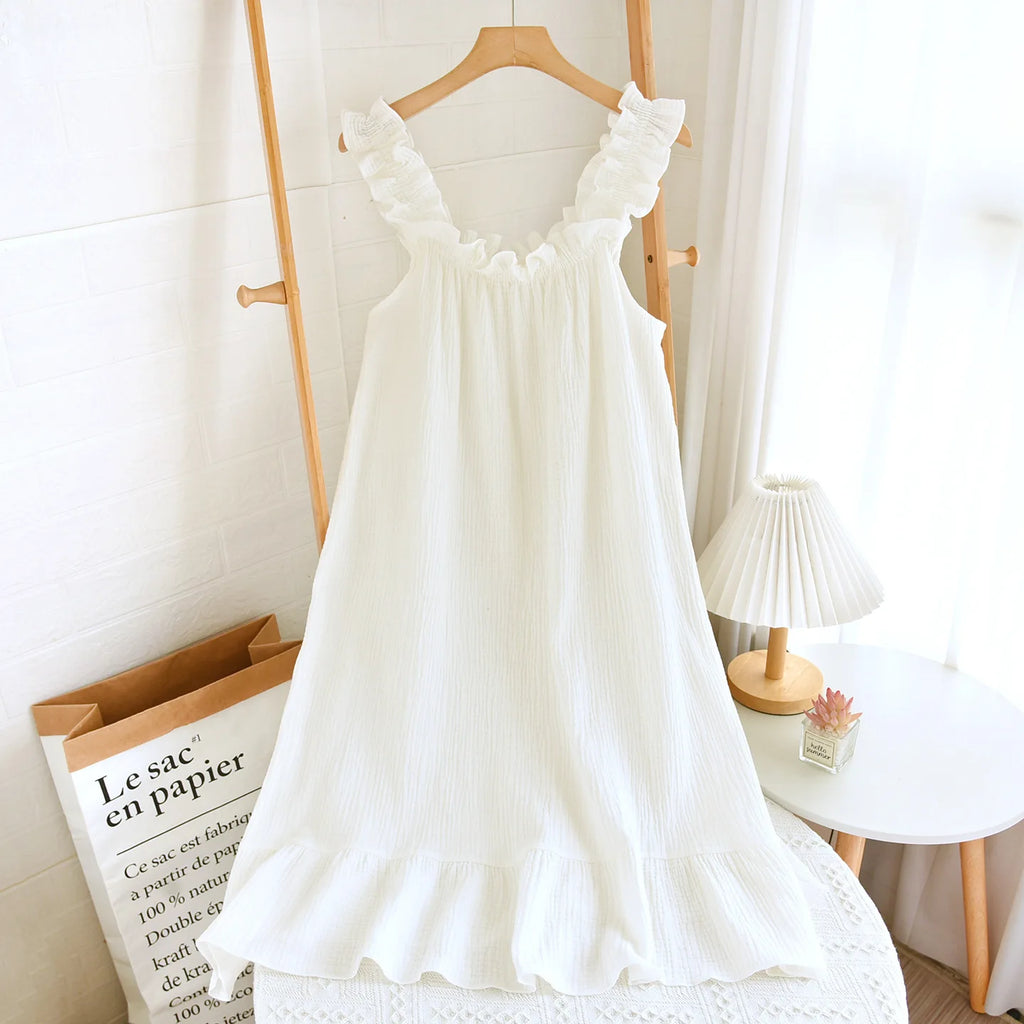 2026 new women's summer cotton yarn, pure cotton suspender sleepwear loose medium to long sweet and cute long skirt home wear