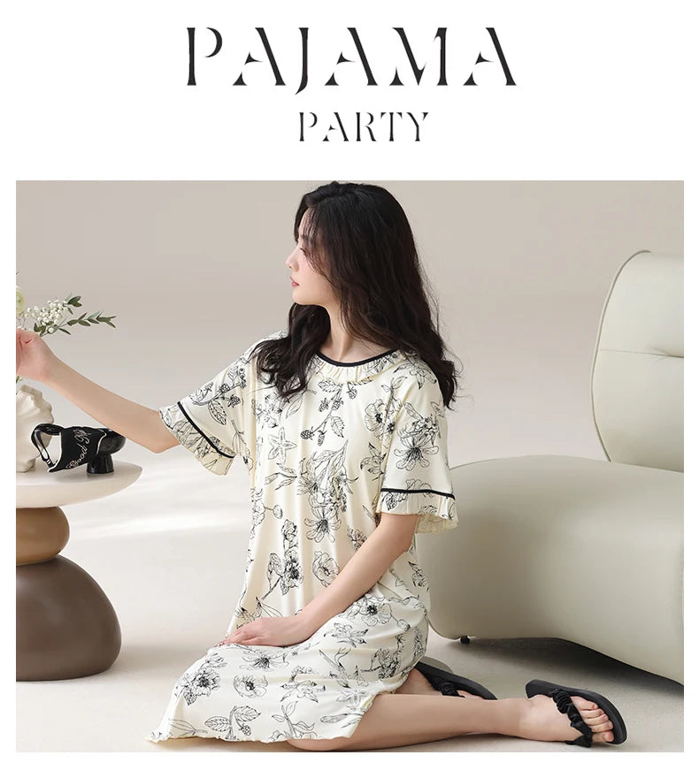 Women Modal Nightdress Small Flower Sleep Dress Short Sleeve Sleepshirt Ruffles Nightshirt Nightgown Sleepwear 4XL5XL Home Dress