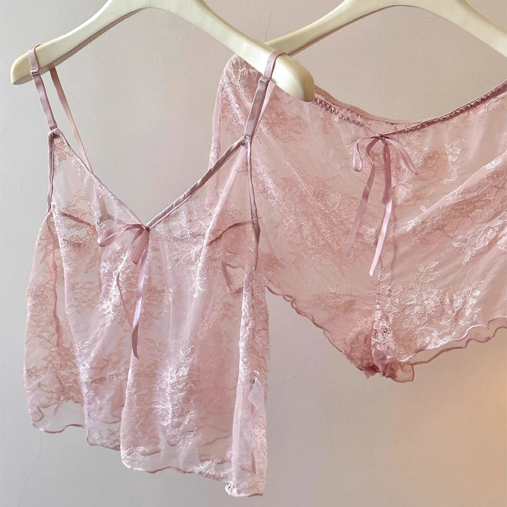Women Harness Pajama Suspender Shorts For Women Sexy Sheer Pajamas Set Lingerie Pyjamas Shorts Set Perspective Lace Sleepwear