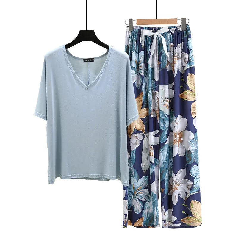 V Neck Tshirt with Poplin Floral wide leg pants summer cool pajamas sets Loose casual homewear suit Rayon Loungewear all match
