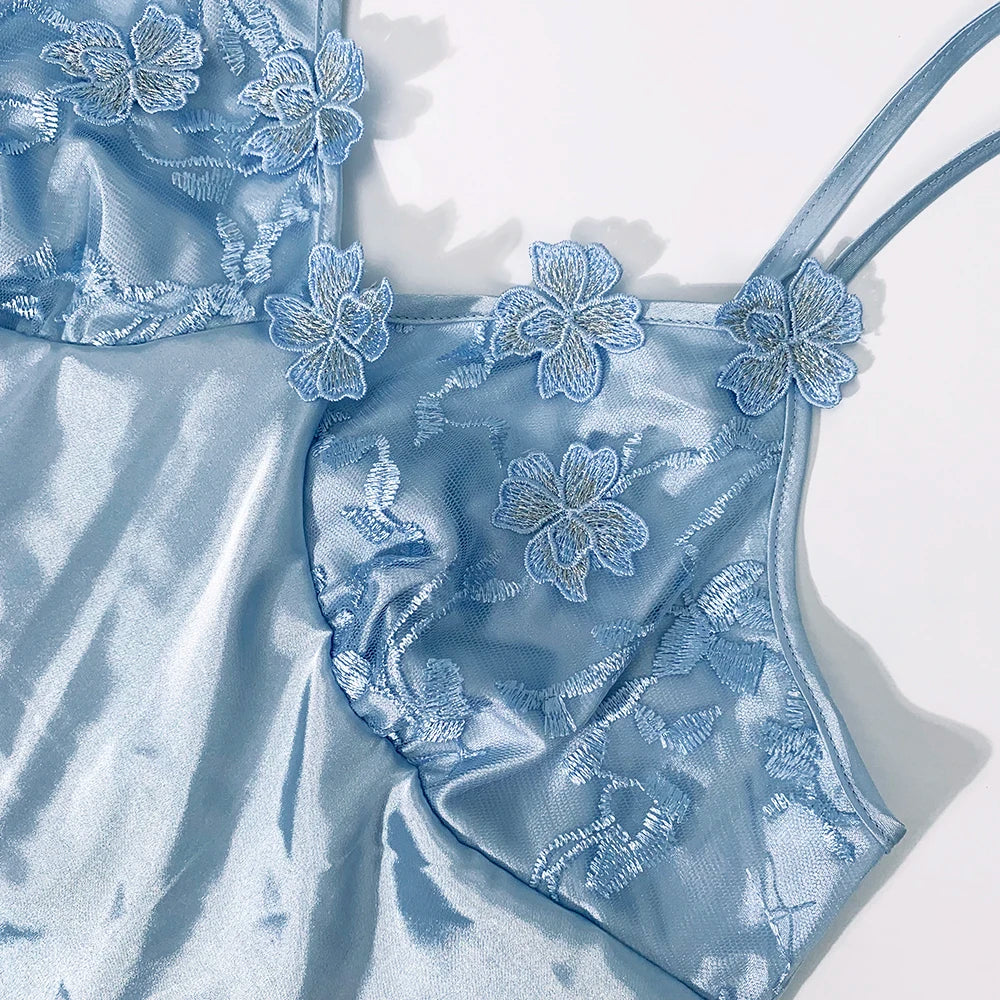 HTTHDD Lace Women Nightdress Satin Spaghetti Straps Flower Embroidery Women Pajamas Fashion Summer Evening Dress Sexy Nightgown
