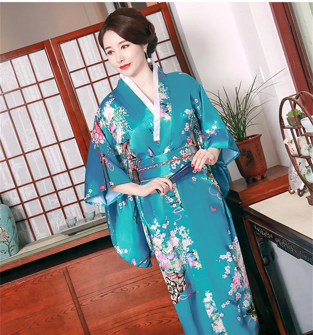 Traditional Japanese Satin Kimono Bathrobe With Obi Women Floral Print Nightgown Yukata Novelty Gown Bridal Homewear Sleepwear