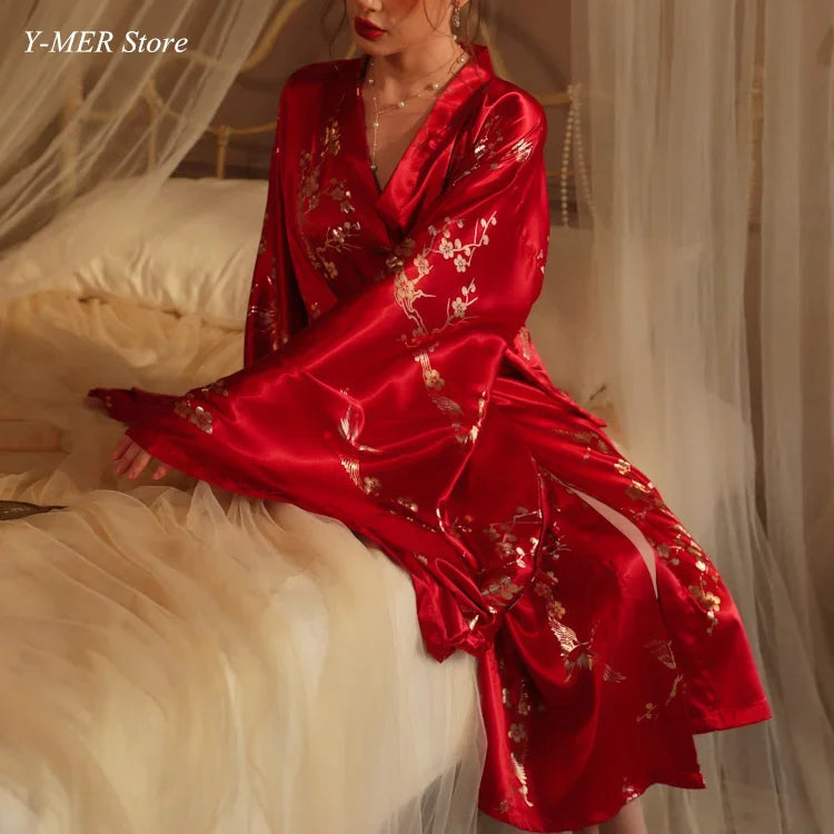 Bronzing Floral Kimono Robe Chinese Style Dress Big Sleeve Nightgown Lady Satin Homewear Bride Wedding Bathrobe Gown Loungewear