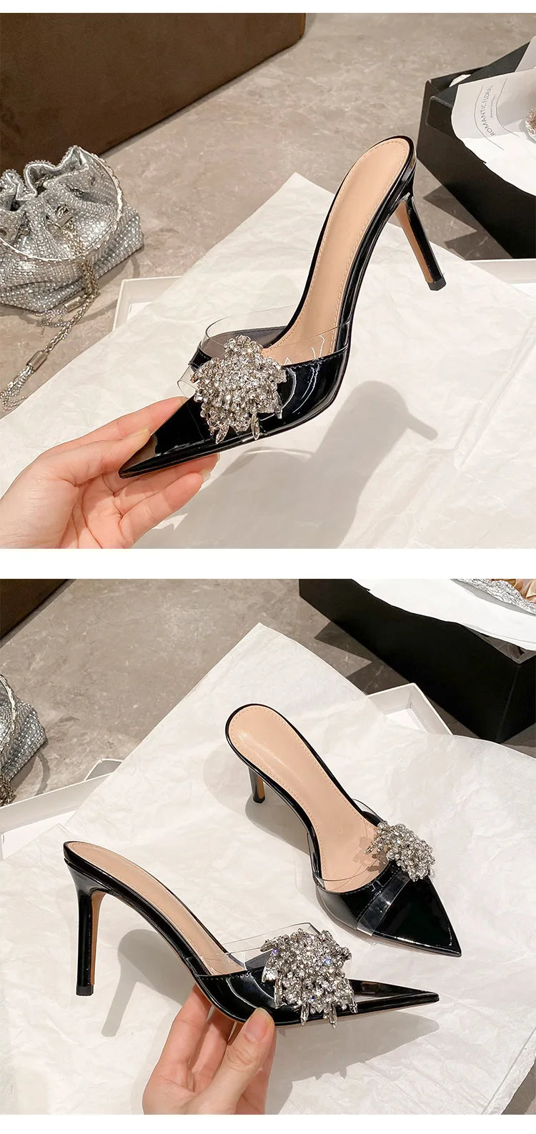 Sexy lady 2026 Diamond-Encrusted Pointed-Toe Mules Women's Sandals Transparent High Heels Sexy Thin Heel Versatile Slipperss