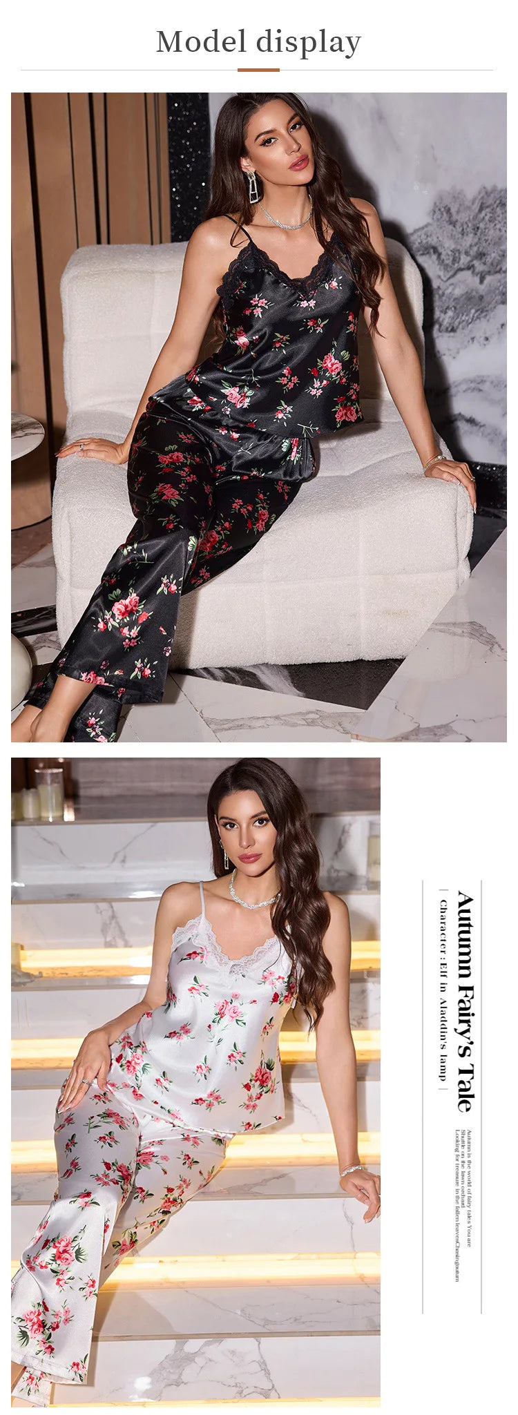 Print Flower Female Suspender Pajamas Set Sleepwear Sexy Lace Intimate Lingerie Trouser Pijamas Suit Silky Satin Home Clothes