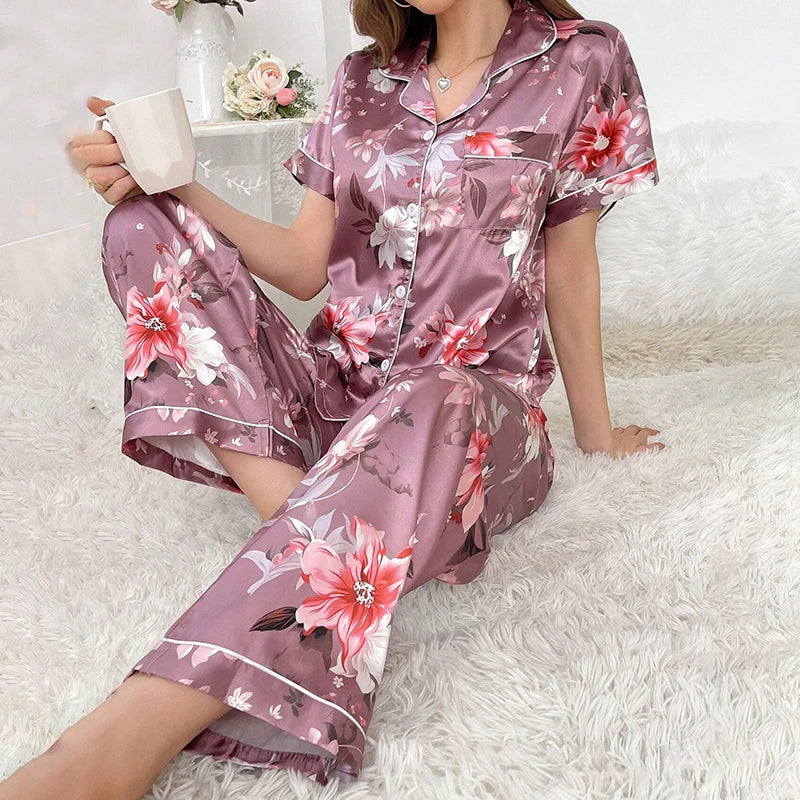 Women Pajamas Sets Spring Short Sleeve Satin Button-Down Top with Pants 2 Piece Pajama Set Sleepwear Pj Set Homewear Loungewear