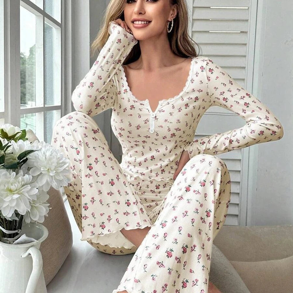 Women Sexy Floral Print Pajama Sets Soft Comfortable Long Sleeve Top and Pants Loungewear Sleepwear Two Piece Set Homewears