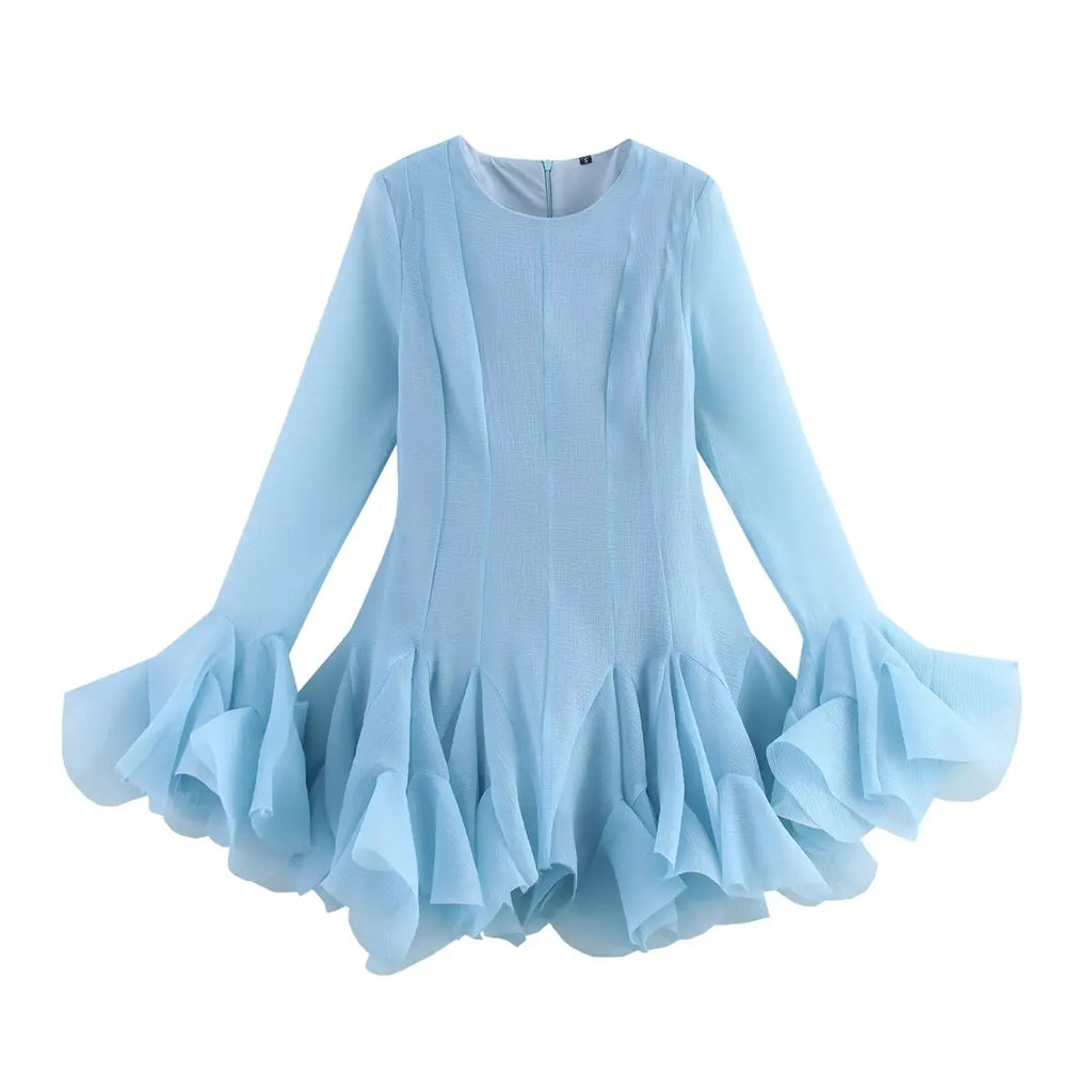 2026 Summer Women's Elegant Multi-Layered Ruffled Hem Mini Dresses Lady Sweet French Style Long Flare Sleeve Slim Fit Puffy Robe