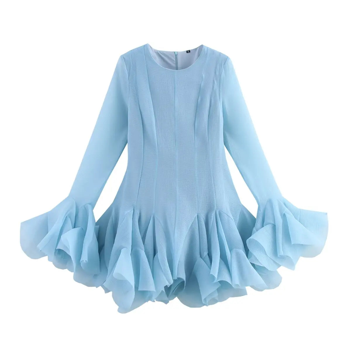 2026 Summer Women's Elegant Multi-Layered Ruffled Hem Mini Dresses Lady Sweet French Style Long Flare Sleeve Slim Fit Puffy Robe