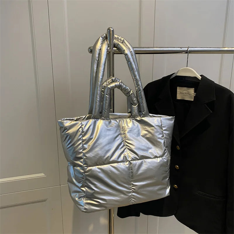 Designer Puffy Shoulder Bag Women Quilted Space Down Feather Padded Cotton Handbag Winter Large Capacity Warm Shopping Purse
