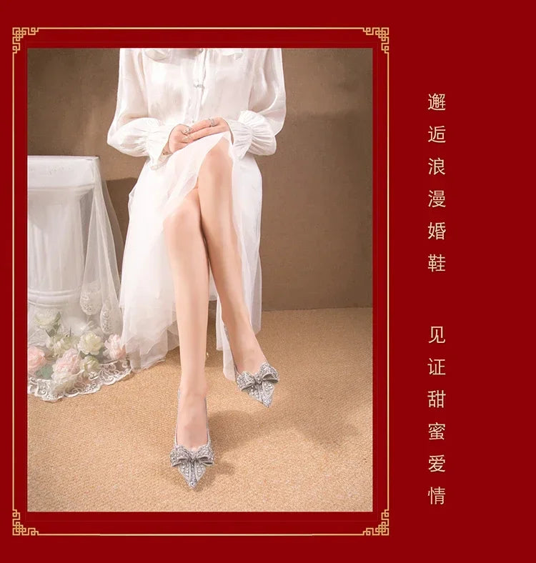New  Women's Rhinestone Wedding Shoes Year Shoes Luxury Buckle Decorative Banquet Women's Shoes High Heels Gold Silver Red