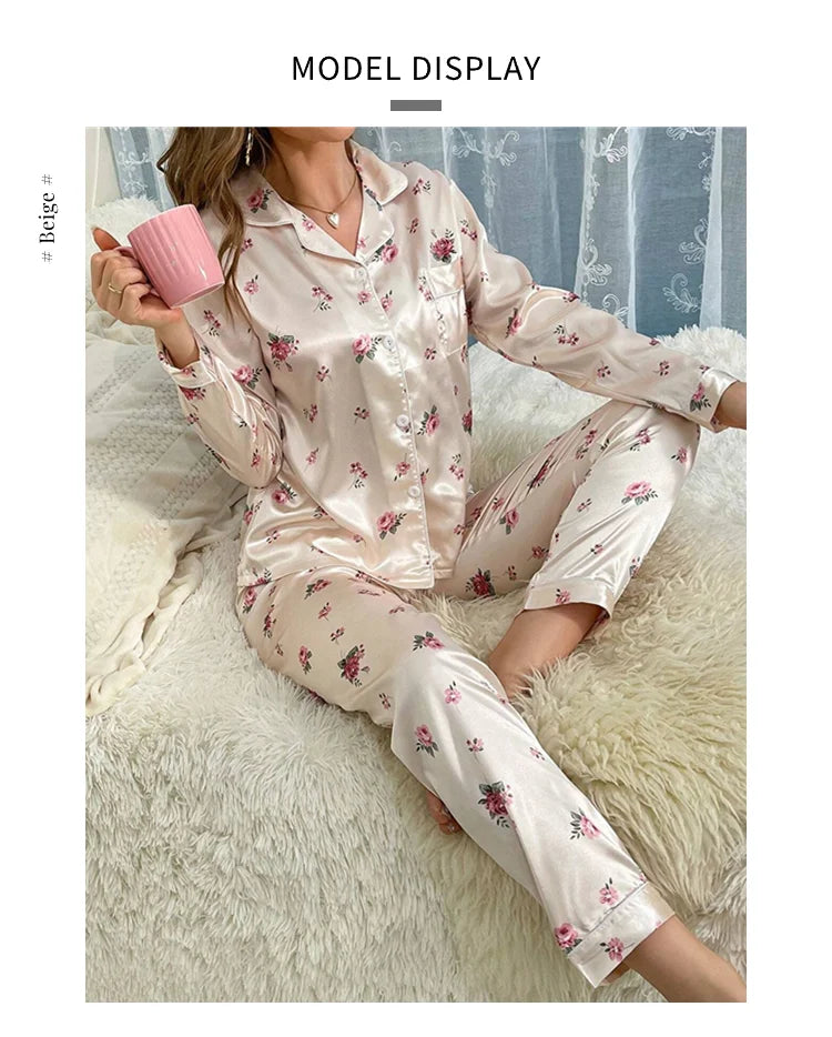 Pajamas For Women's Floral Print Long-Sleeved Sleepwear Button Down 2 Piece Soft Loungewear Pjs Set Pajama Pants Homewear