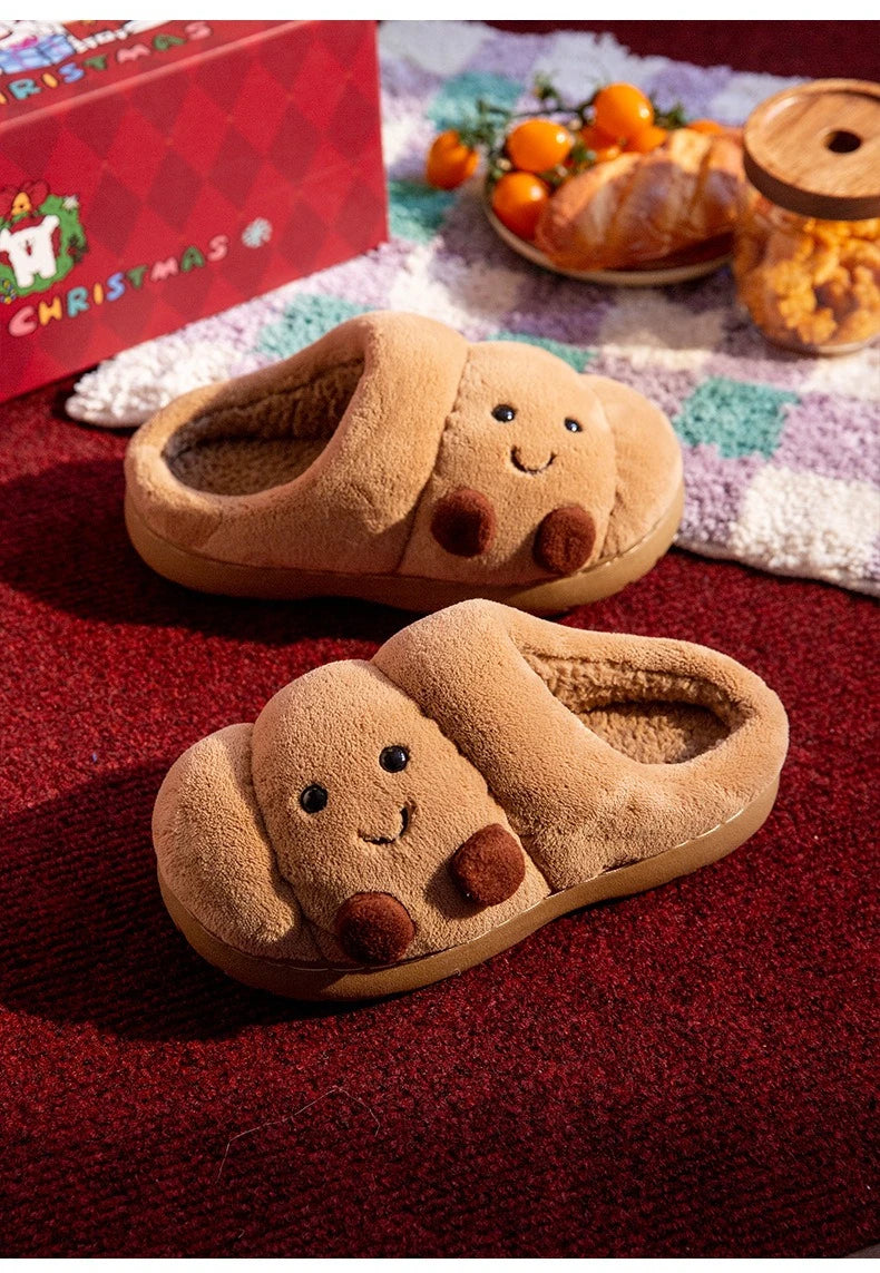 Cute Cartoon Fluffy Slippers For Women Men Winter House Shoes Furry Croissant Bread Style Anti-slip Couples Home Cotton Slides