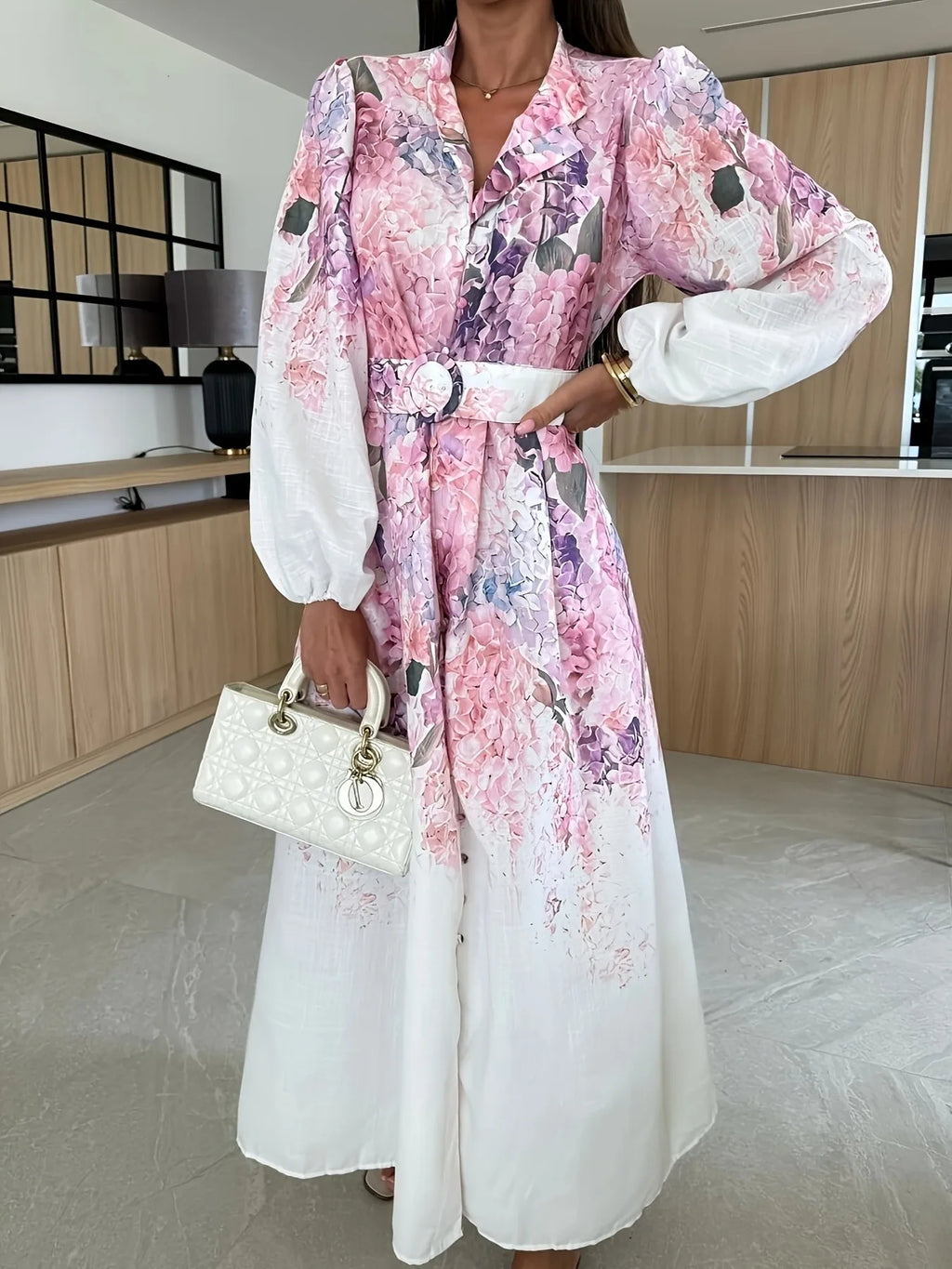 Floral Print Maxi Dress Notched Lapel Collar Lantern Sleeve Belted Waist Split Hem Elegant Party Dresses for Woman Clothes