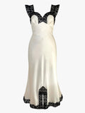 Tossy Fashion Satin Lace Long Dress Women V-Neck Patchwork Hollow Out Sleeveless Lace-Up Dress Evening Female Autumn Maxi Dress