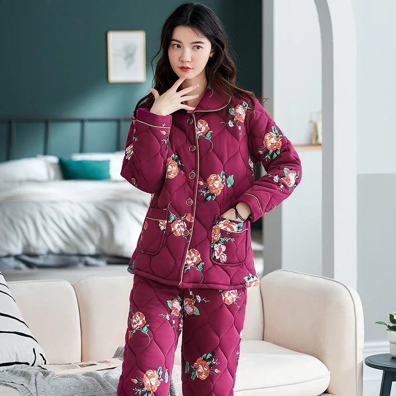 Winter three layer thick keep warm quilted jacket women's pajamas floral pijamas inverno M-XXXL sleepwear