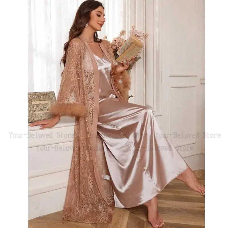 Luxury Party Night Dress Set Women Sexy Mesh Lace Floral Kimono Robe Gown Long Bathrobe Intimate Lingerie Satin Sleepwear
