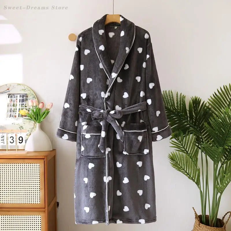 Autumn Winter Female Robe Thicken Flannel Bathrobe Kimono Sleepwear with Pocket Cute Print Sweet Heart Home Dress Lounge Wear