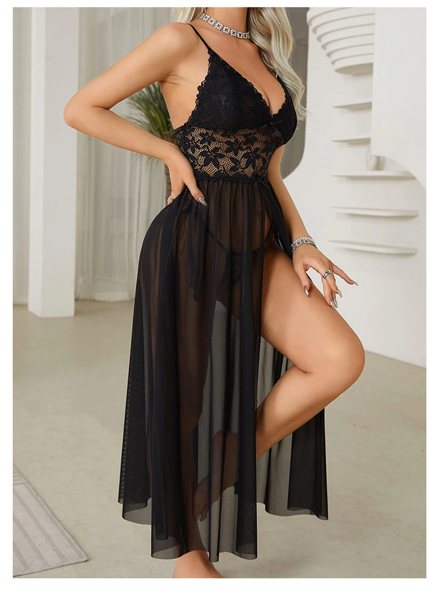 Women Sexy Floral Lace Mesh Nightgown V-Neck Sleeveless High Slit Backless Slip Dress with Bowknot Suspender Lingerie Sleepwear
