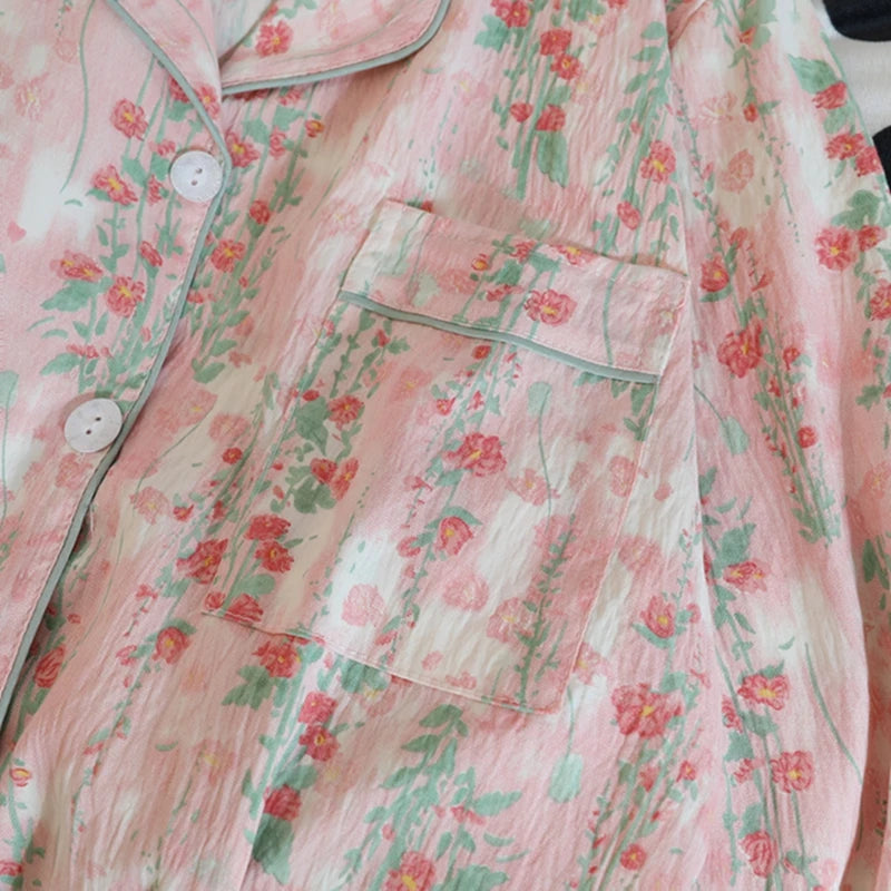 Flower Print Women Autumn Two Piece Pajama Set Long Sleeve V Neck Top & Elastic Waist Pants 2 Pieces Female Sleepwear Nightwear