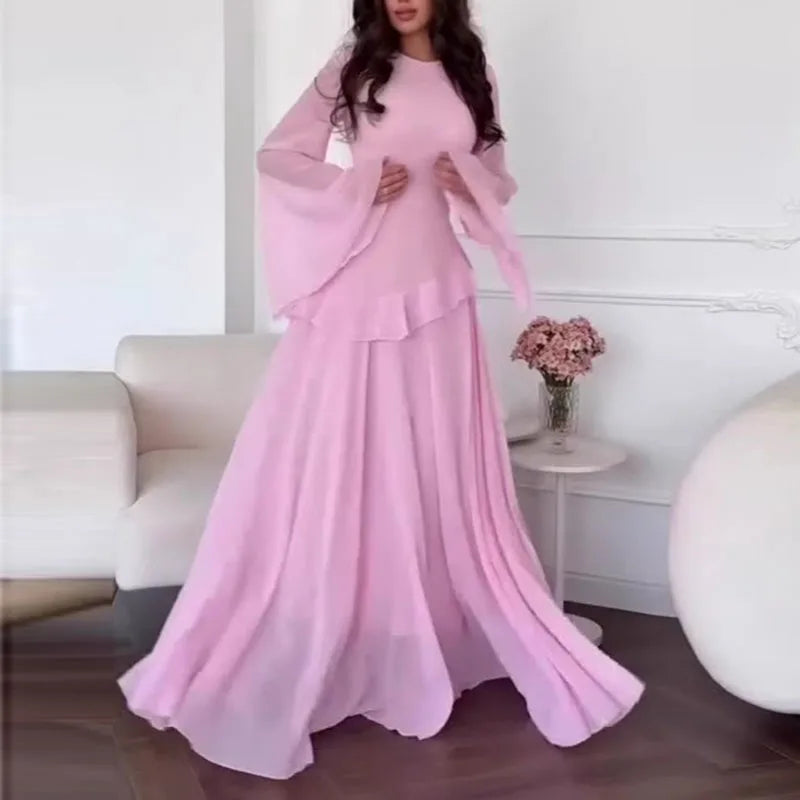 Robes for Woman Elegant O Neck Solid Ruffles Party Pleated Dress Spring Autumn Flare Sleeve Tie-up Slim Female Clothing Vestidos