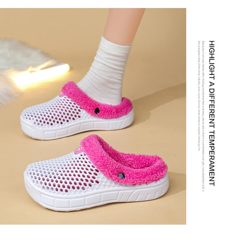 Winter Couple Fuzzy Slippers Women Men, Warm Fur Lined Mule House Shoes for Indoor Outdoor Cozy Comfortable Non-Slip Soft Slippe