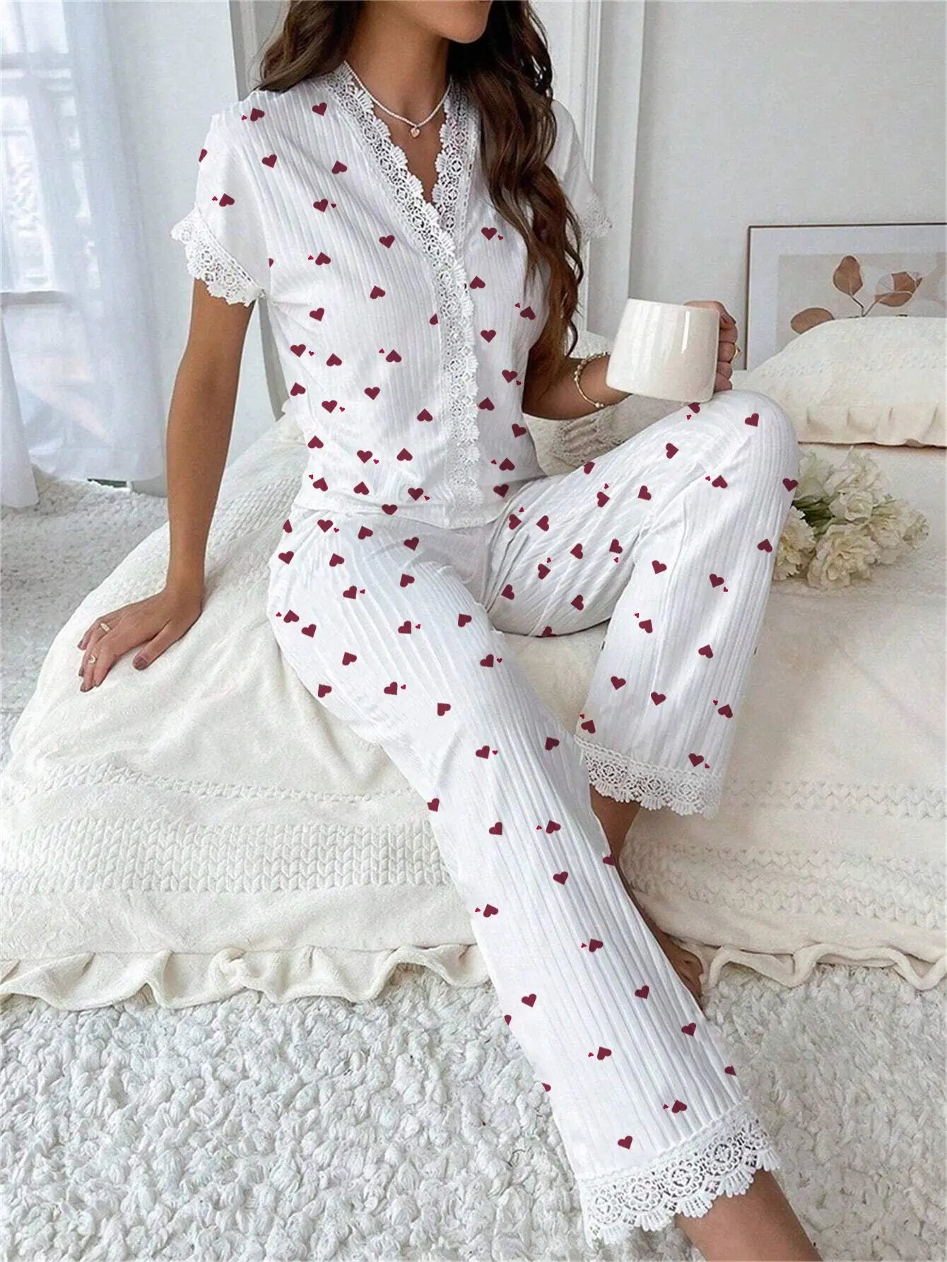 Early Spring Comfortable Pajamas Set with Floral Printed for Women Sleepwear Short Sleeve Top and Long Pants Homewear Loungewear