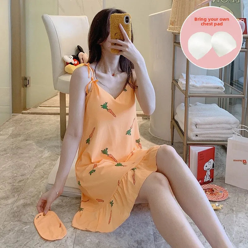 New with Bra Pad, Free Eye Mask, Sling, Loose and Cute Cartoon Animal Pajamas, Nightgown Role-playing Sleepwear Women