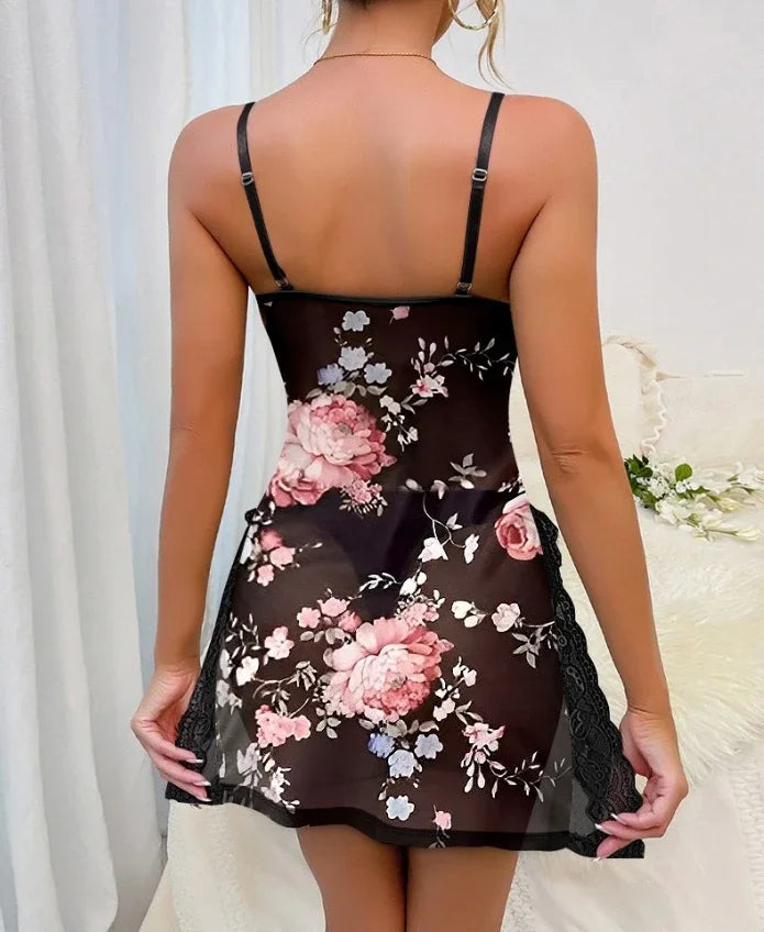 new fashion 2025 casual Satin Floral Embroidery Mesh Patchwork V-Neck Spaghetti Strap Mini Nightgown Sexy Babydoll