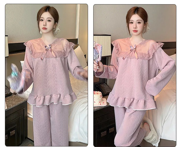 M-5XL Large Size Princess Sle Pajamas Set Women Autumn Long Sleeve Pants Home Clothes Lace Trim Solid Spwear Two Piece Set