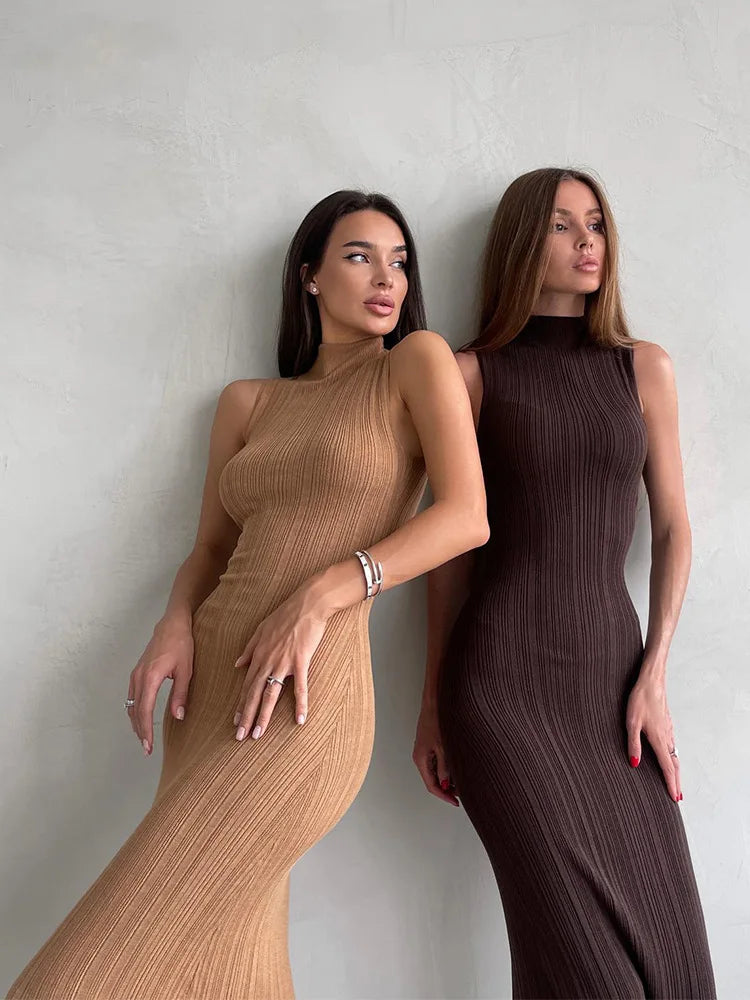 2025 Spring Sleeveless Knitwear Turtleneck Long Dress Female Slim Elegant Fashion Autumn Ribbed Knit Dress For Women Maxi Dress