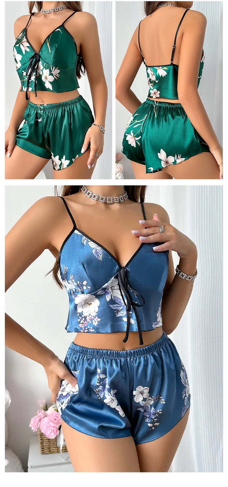 2025New Womens Sexy Floral Satin Pajama Set V Neck Tie Front Cami Crop Top Shorts Two Piece Sleepwear Loungewear Spaghetti Strap