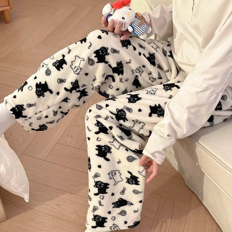 Black Cat Cartoon Pajamas Pants Kawaii Christmas PJS Korean Women Winter Warm Fluffy Flannel Sleepwear Girls Cute PJ Pants