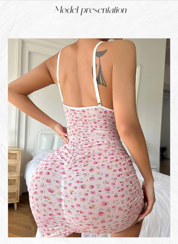 2PCS Women's New Sleepwear Summer Sexy Strap Doll Underwear Set Flower Lace Bordered Bow Tight Dress Sleeping Skirt Hot Selling