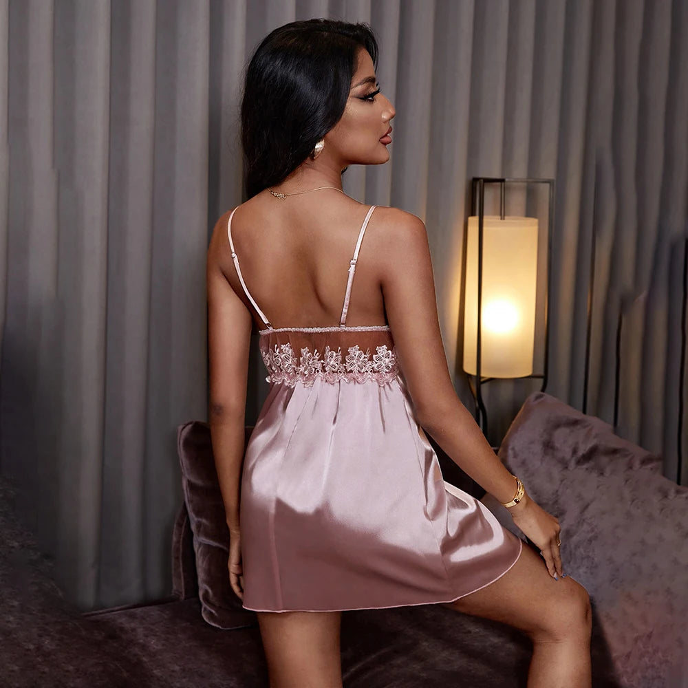 HTTHDD Lace Women Nightdress Satin Spaghetti Straps Flower Embroidery Women Pajamas Fashion Summer Evening Dress Sexy Nightgown