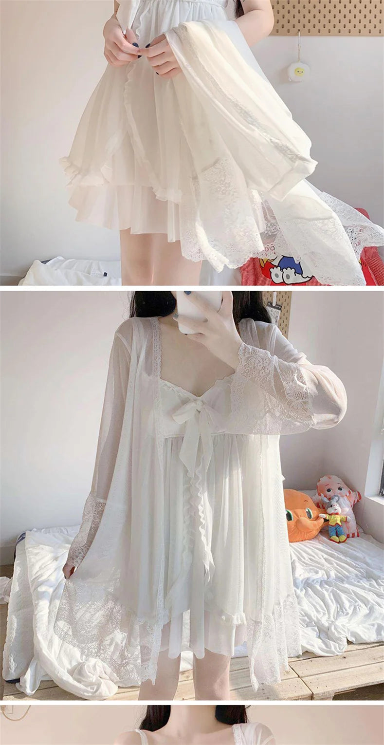 Elegant Sweet Simple Solid White Women Robe Gown Sets Chic Lace Bow Mesh  Sleepwear Breathable Slim Nightdress