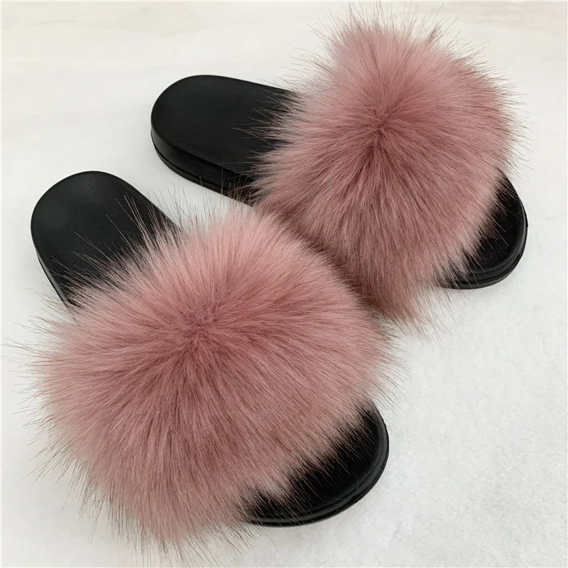Ladies Fluffy Slippers Summer Women Faux Fur Soft Slides Stylish Open Toe Sandals Outdoor Indoor Furry Comfortable Beach Shoes