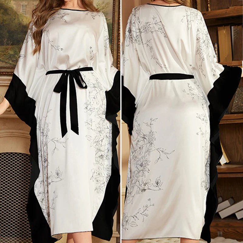 Oversize Long Nightgown Home Dress Sleepwear Female Nightdress Lounge Wear Casual Bat Sleeve Bikini Robe Dress Ice Silk Homewear