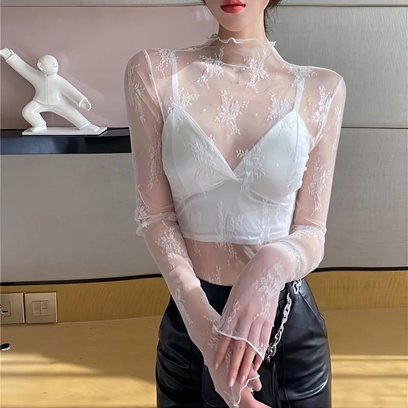 Sexy Floral Lace and Mesh Ruffle Nightgown Woman Sleep Tops Nightie Turtleneck Mesh Layering Top Y2k Floral Tee Shirts Blouse