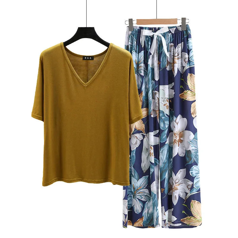 V Neck Tshirt with Poplin Floral wide leg pants summer cool pajamas sets Loose casual homewear suit Rayon Loungewear all match