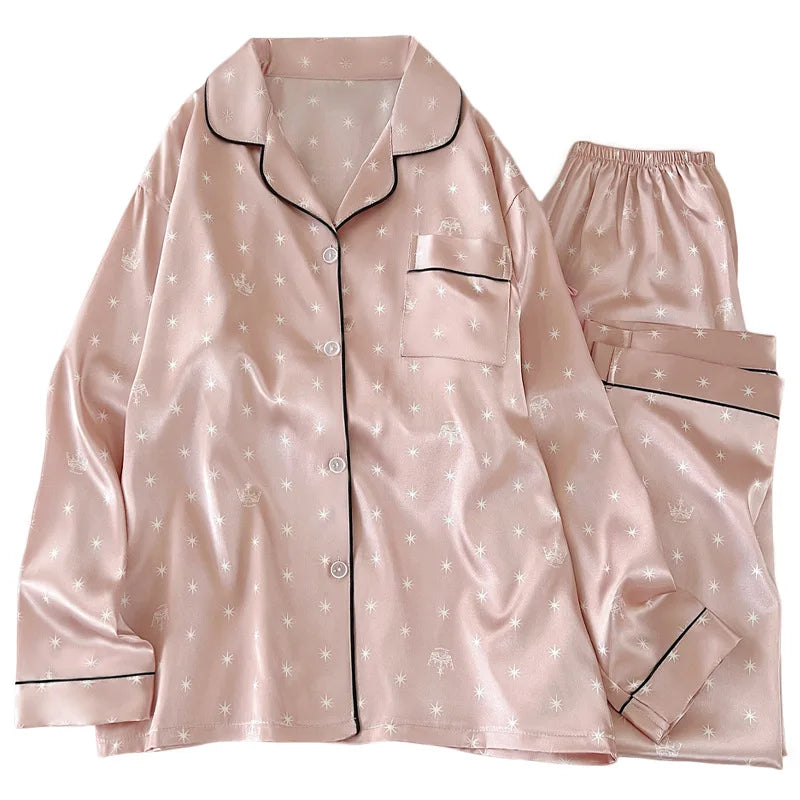 New Japanese-Style Sweet Girl Floral Print Ice Silk Pyjama Set Women's Spring/Autumn Long-Sleeved Top and Trousers Homewear Set