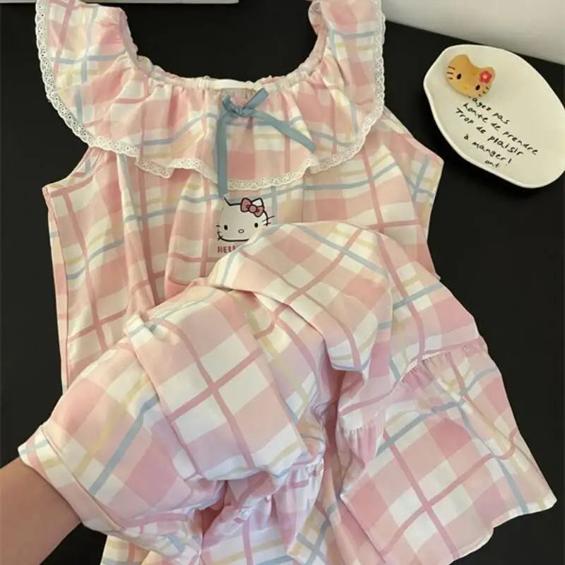 Sanrios Girls Nightgown Hello Kittys Student Suspenders Loose New Style Home Clothes Simple Printed Skirt Creative Hot Selling