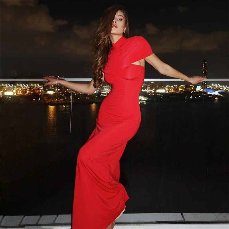 Mozision Turtleneck Short Sleeve Sexy Maxi Dress Women Elegant Draped Ruched Evening Club Party Long Dresses Female Clothes